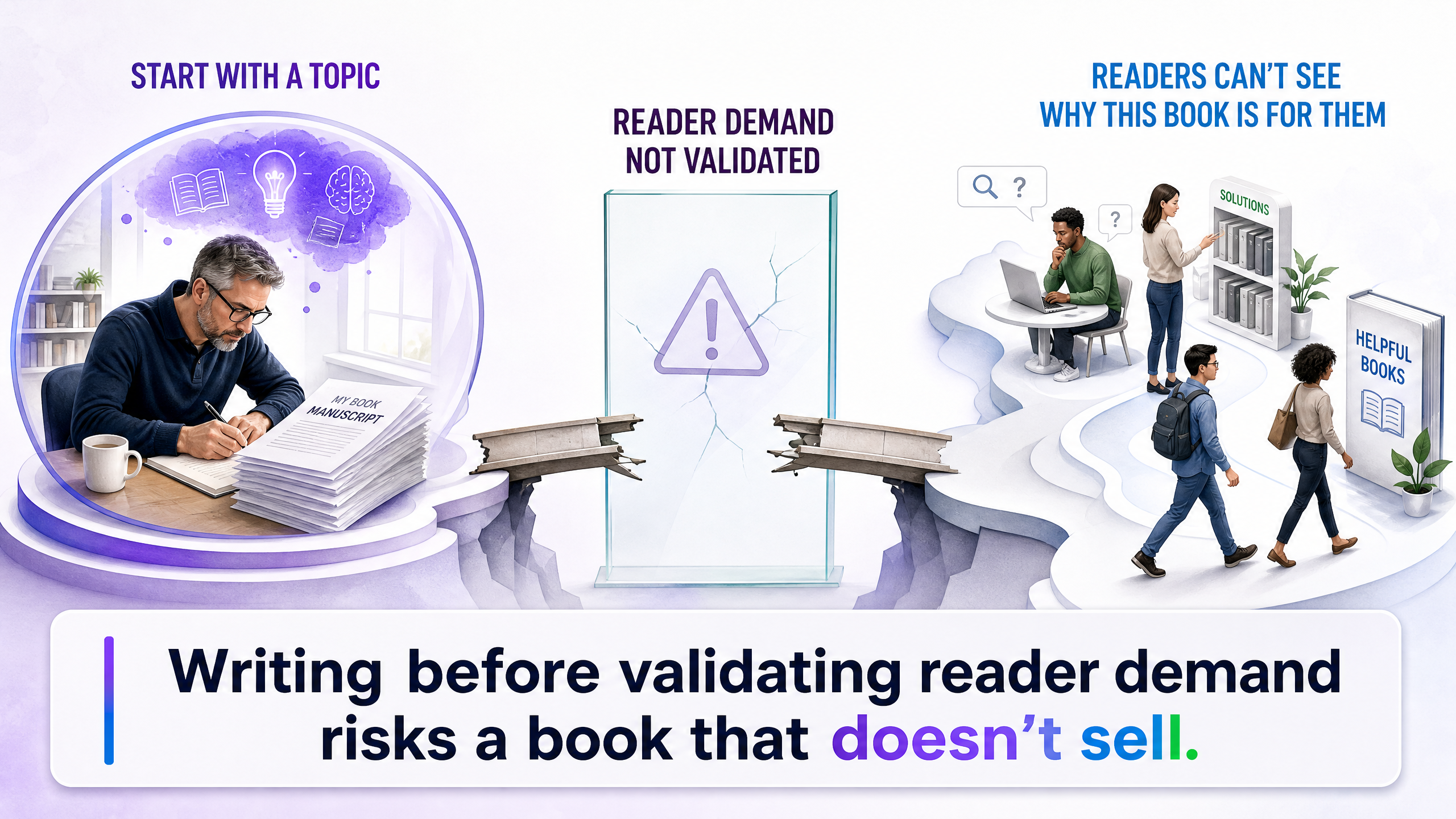 An author beginning with a topic, separated from readers by a reader-demand validation gap